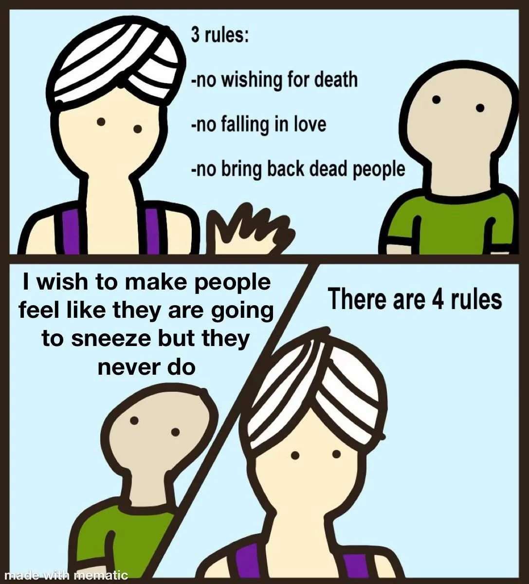 Genie meme adds 4th rule after man makes annoying never-sneeze wish