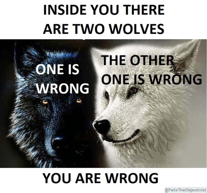 Inside you there are two wolves meme both wolves say you are wrong