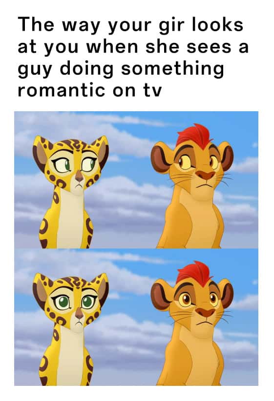 Kion and fuli side-eye meme girlfriend judging lack of romance