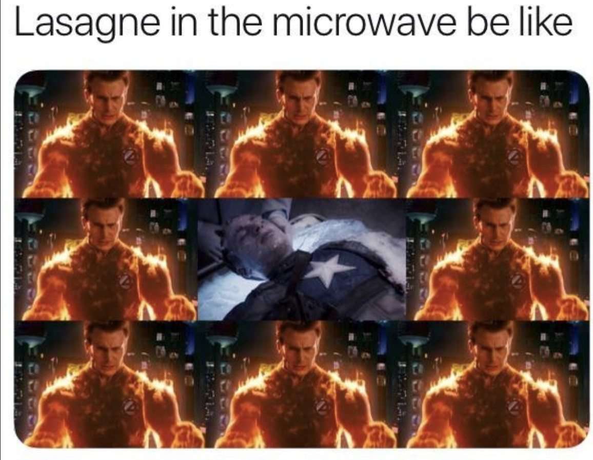 Lasagne meme overheating outside while remaining frozen inside in microwave