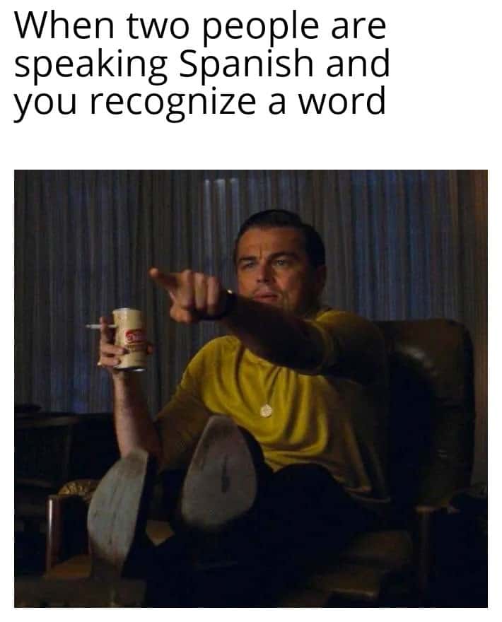 Leonardo pointing at tv meme spotting a known spanish word