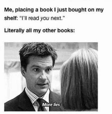 Book lover meme promising new book to read next while old books say more lies