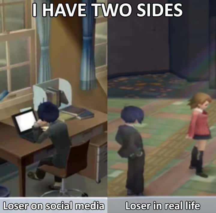 Persona 3 protagonist meme showing two sides loser on social media and loser in real life