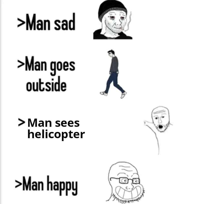 Sad man meme sees helicopter happy