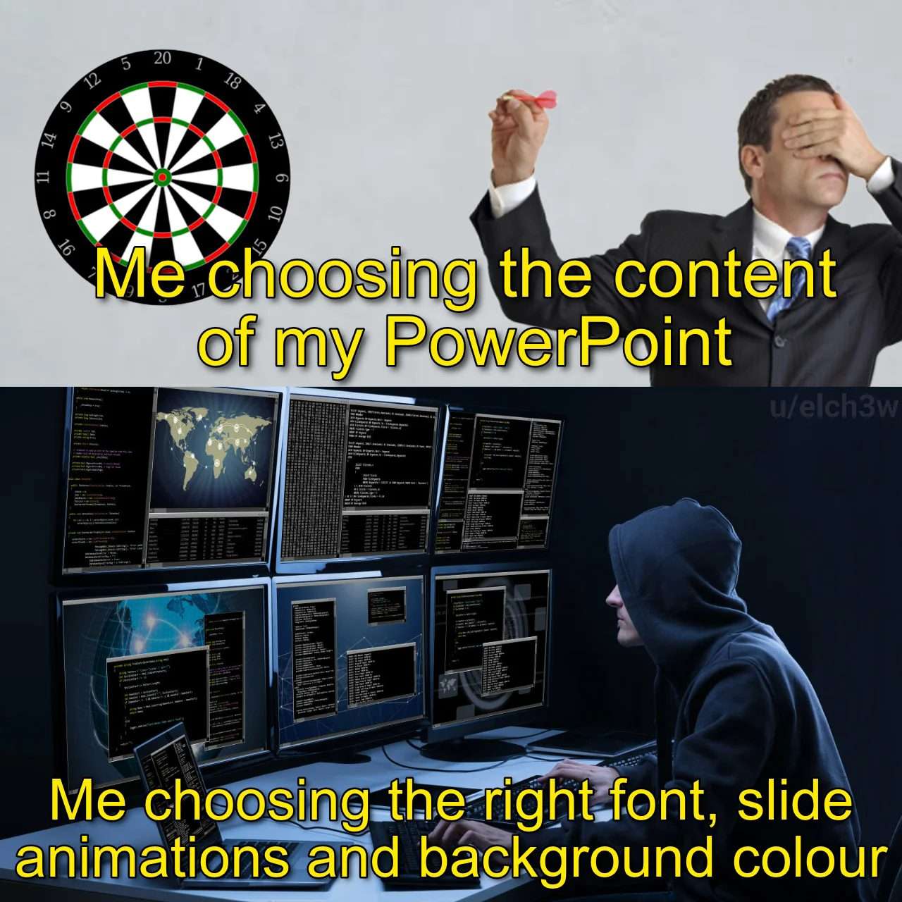 Powerpoint meme choosing content randomly obsessing over formatting details