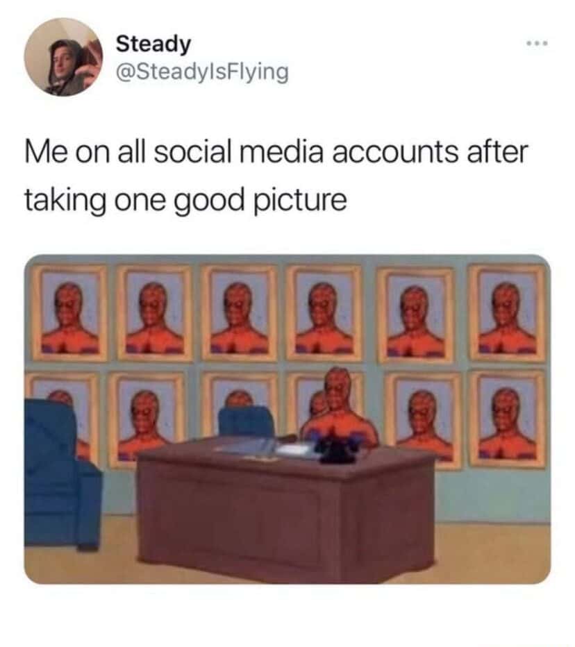 Spider-Man meme using the same good picture across all social media accounts
