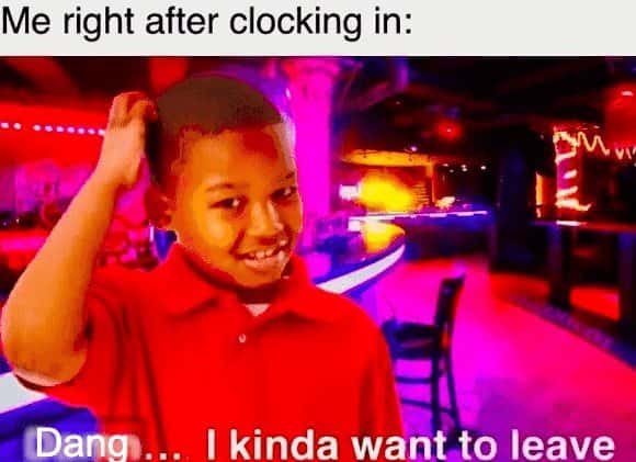 Scratching head kid meme wants to leave right after clocking in