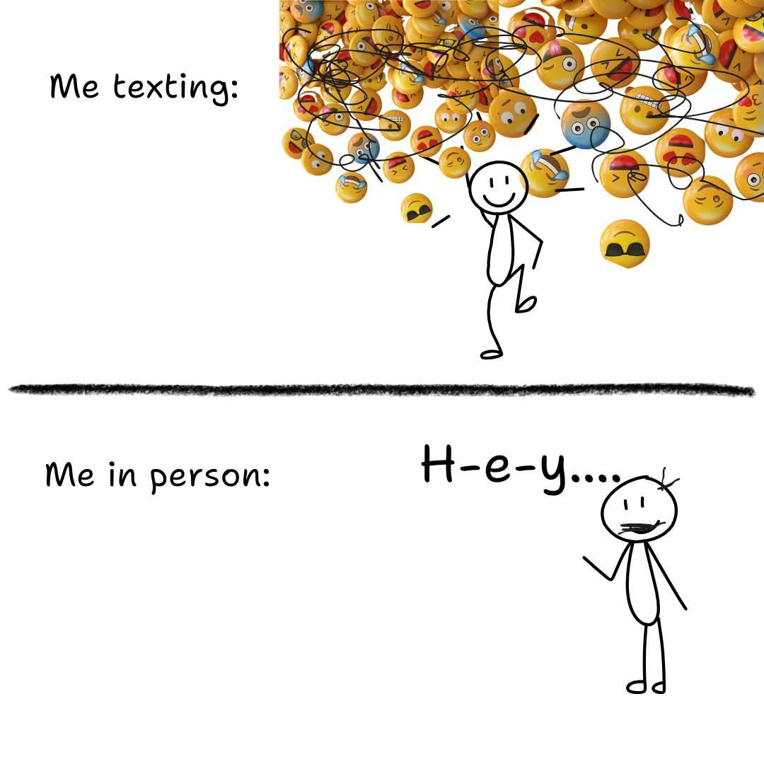 Stickman meme spams emojis online awkward in person
