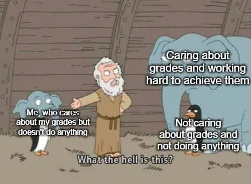 Noah ark meme confused at two identical lazy student grade mindsets