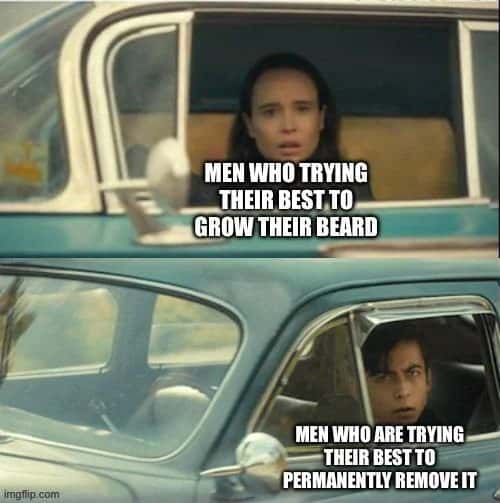 Men meme staring shocked over opposite beard goals