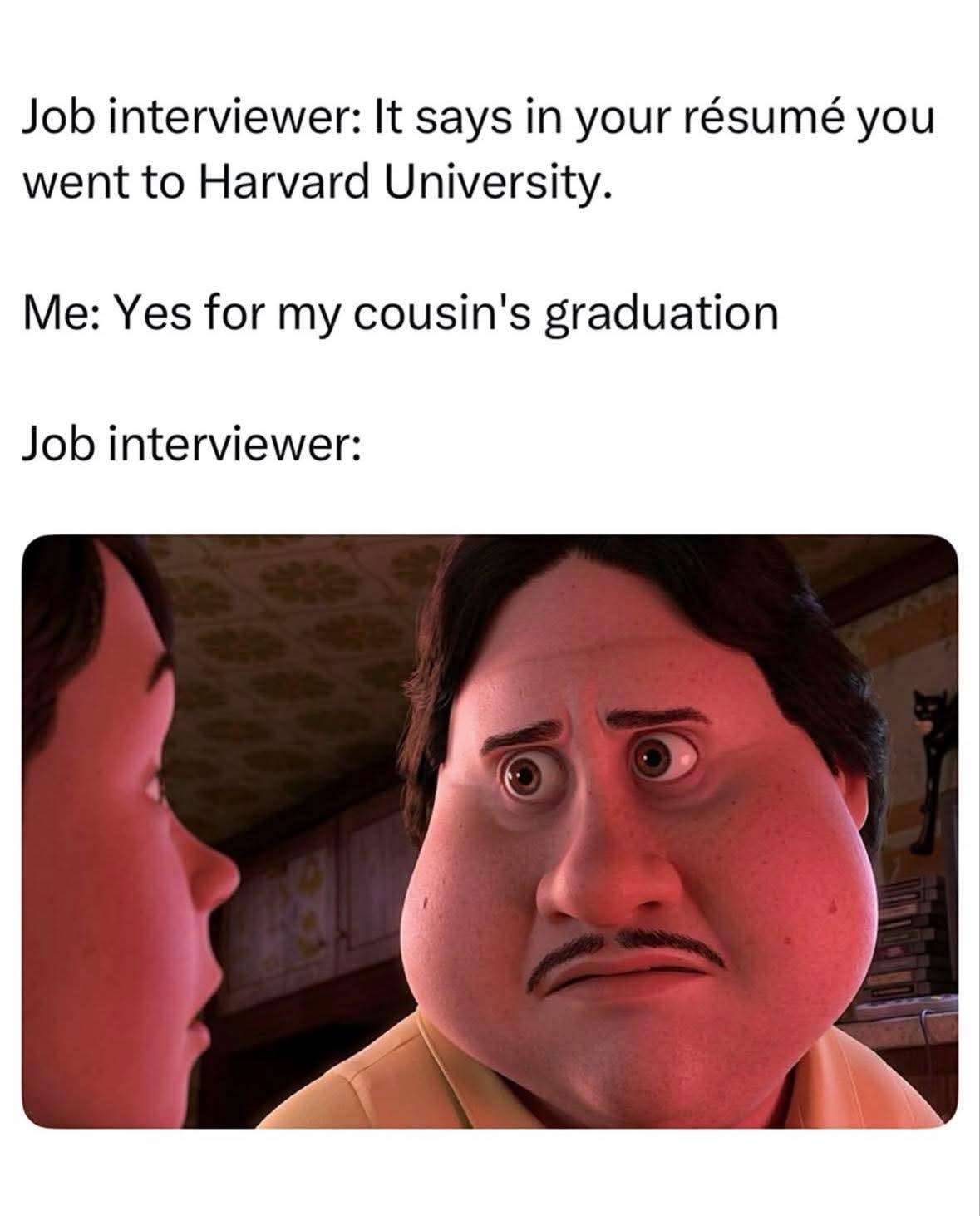 Monster house staring face meme reacting to harvard resume lie at awkward job interview