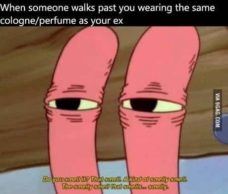 Mr crabs squinting meme smelling an ex’s familiar scent