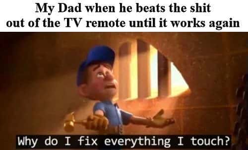 Dad meme smashes tv remote until it works again proudly