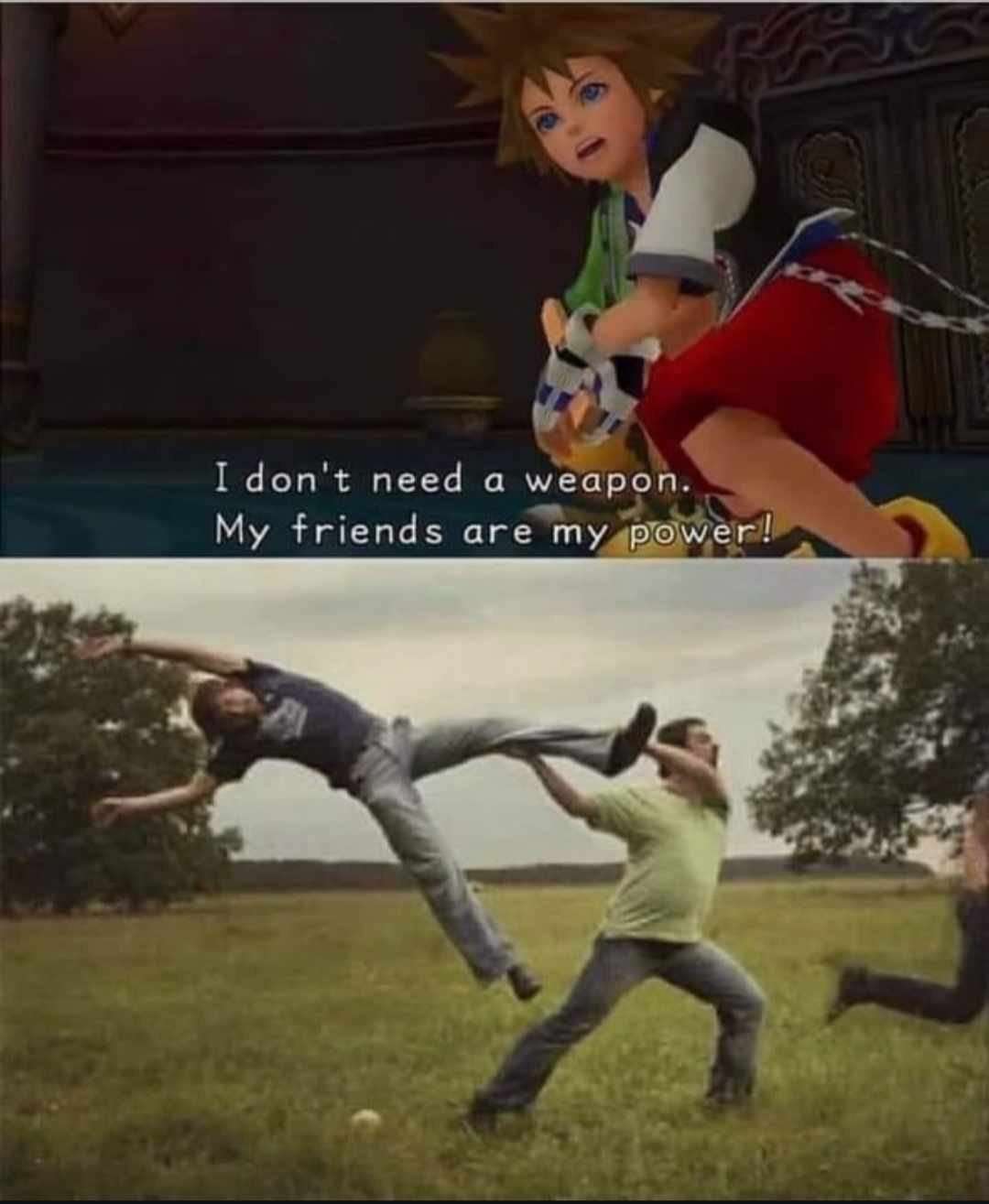 Sora meme uses friends as his weapon