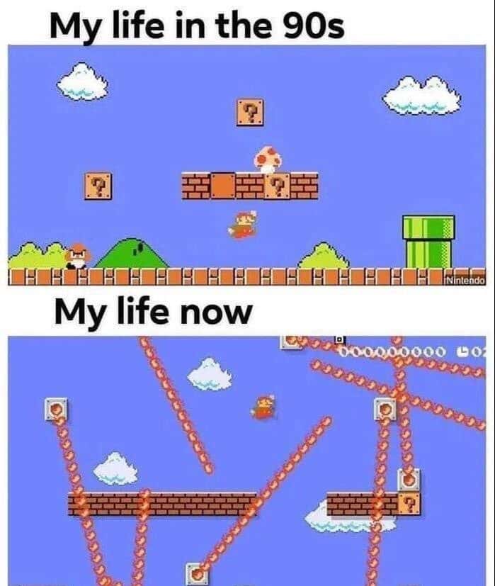 Super mario meme comparing easy 90s life vs overcomplicated stressful modern life