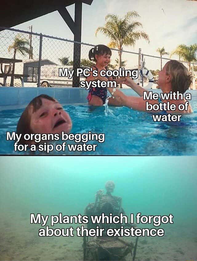 Drowning kid meme hoarding water for PC cooling ignoring thirsty organs and dead plants
