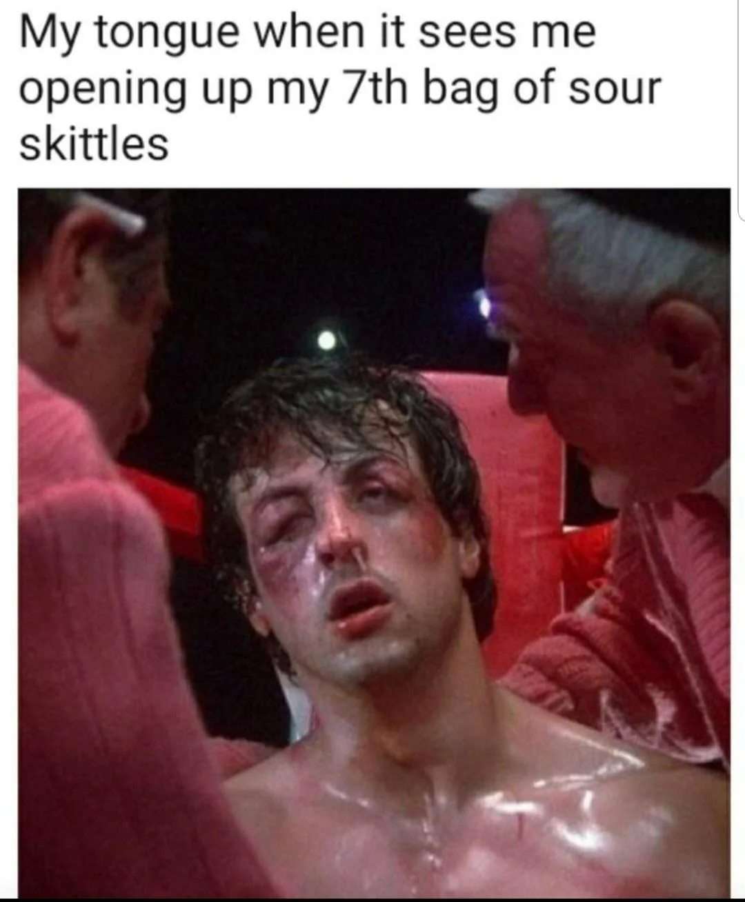 Tongue meme beaten by sour skittles