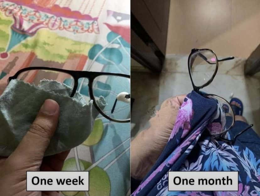 Broken glasses meme getting more damaged from one week to one month