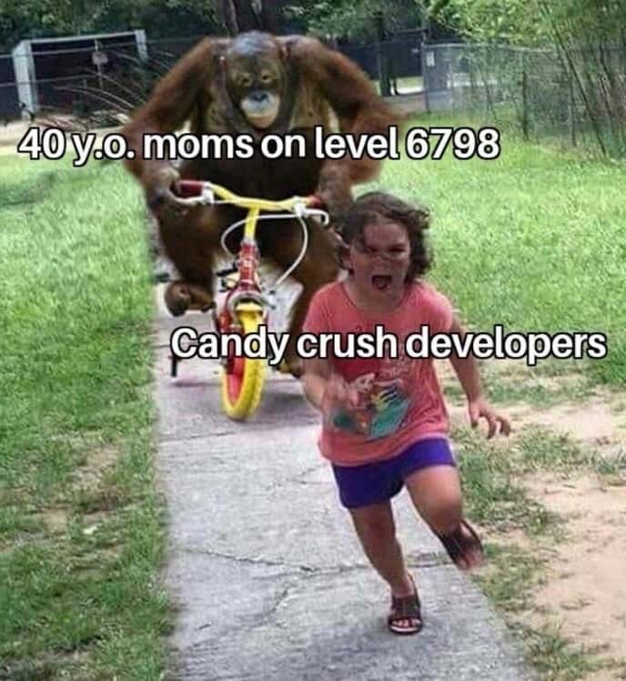 Orangutan on bike and scared child meme 40 year old moms chasing candy crush devs