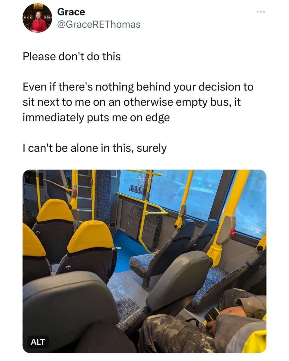 Bus passenger meme put on edge when stranger sits next to on empty bus