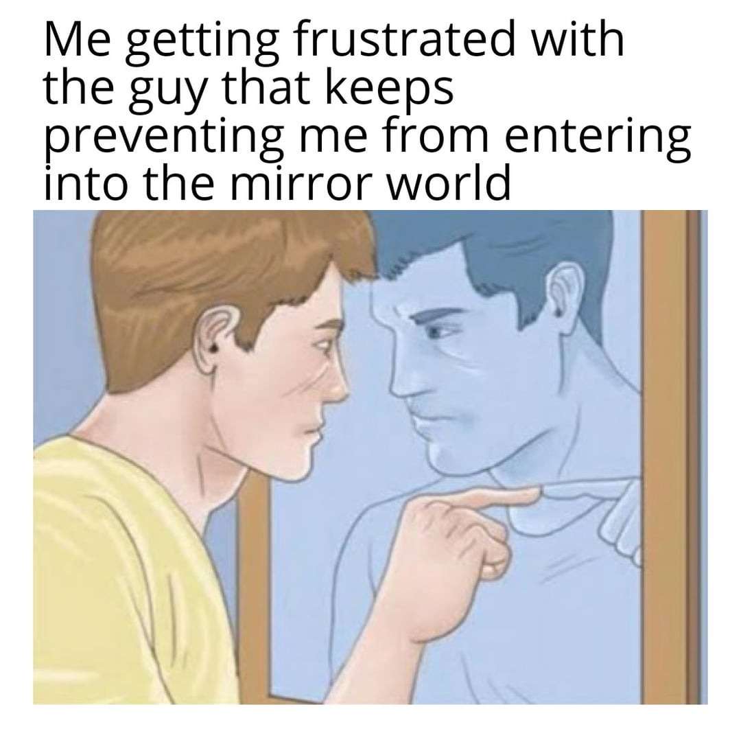 Pointing mirror guy meme about frustration with mirror world block