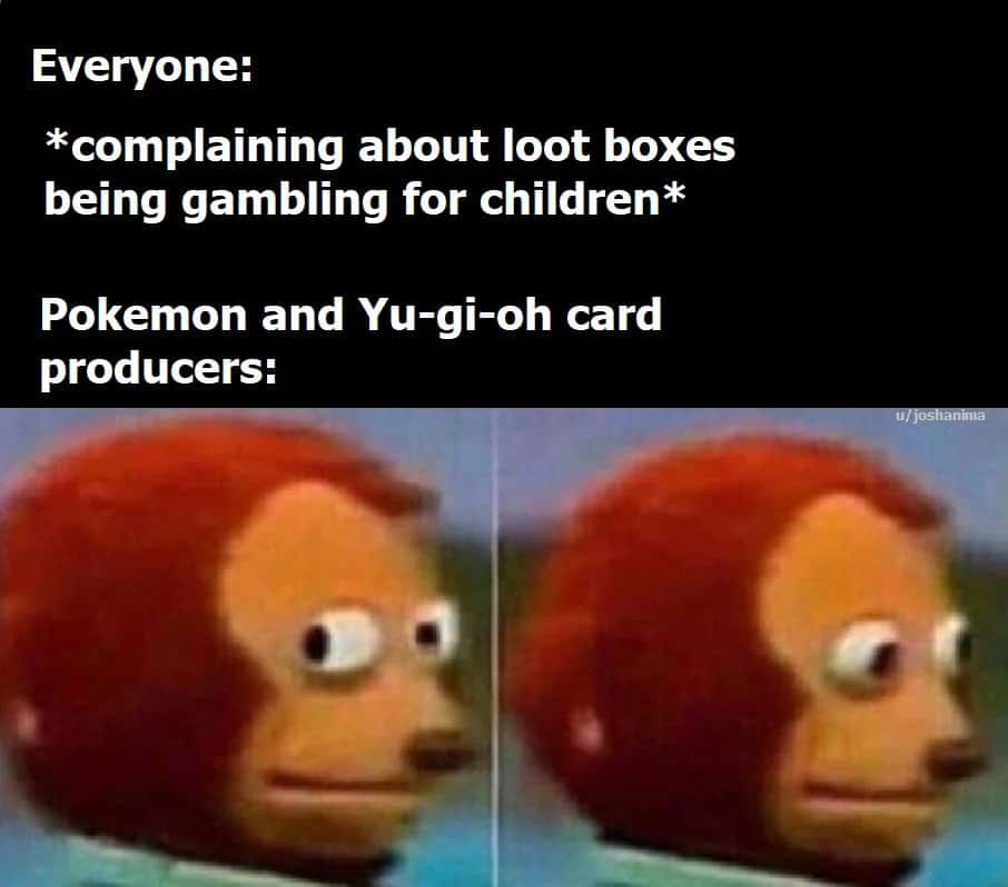 Monkey puppet meme awkwardly avoiding eye contact when everyone complains loot boxes are gambling for children