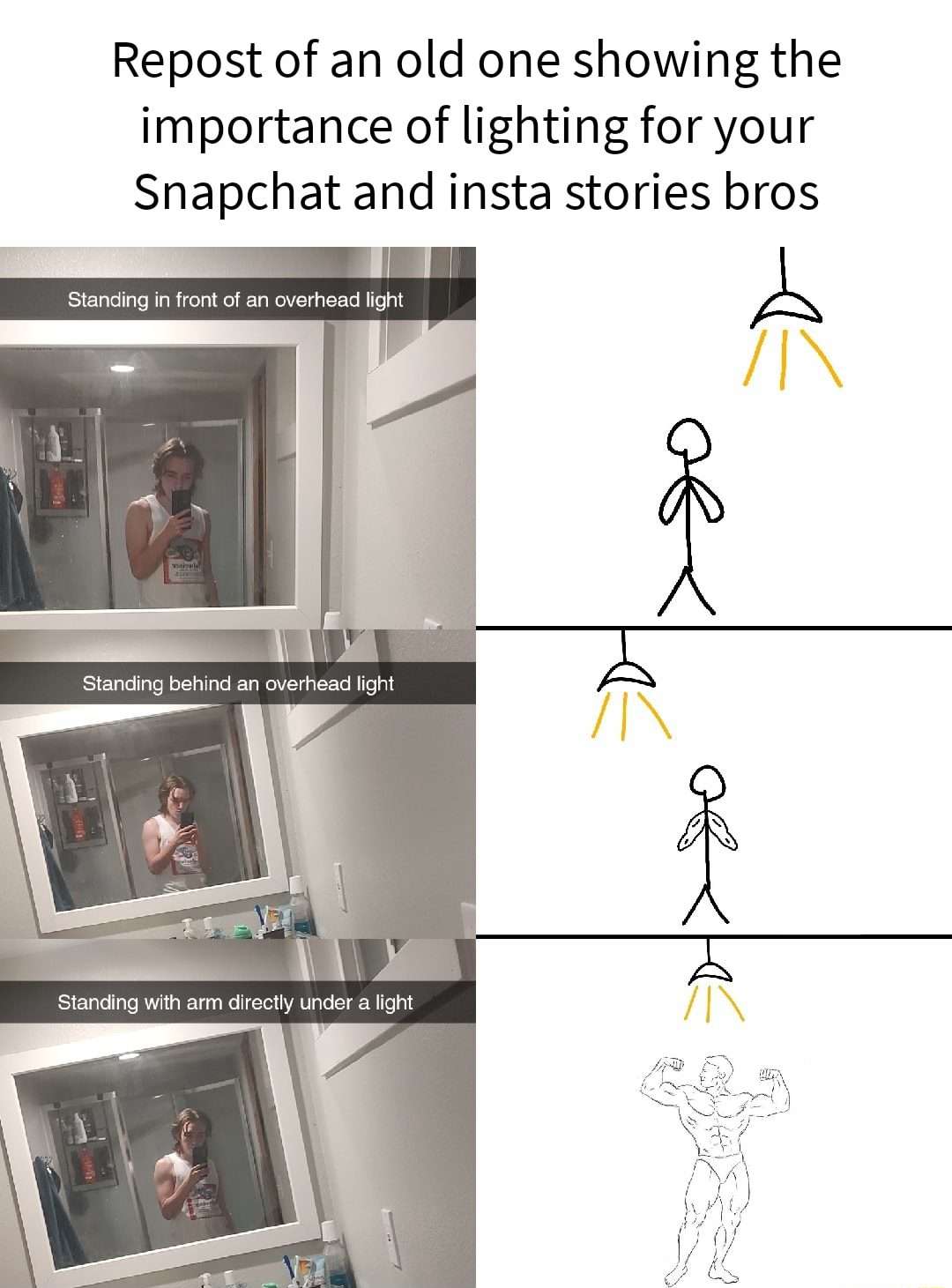 Guy meme demonstrating lighting trick to look buff in bathroom mirror selfies