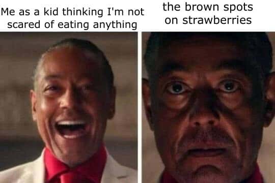 Scared Gus Fring meme panicking over brown spots on strawberries