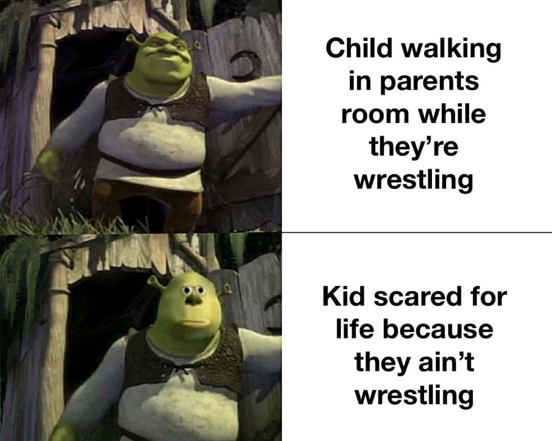 Scared Shrek meme freezing after walking in on a deeply awkward situation