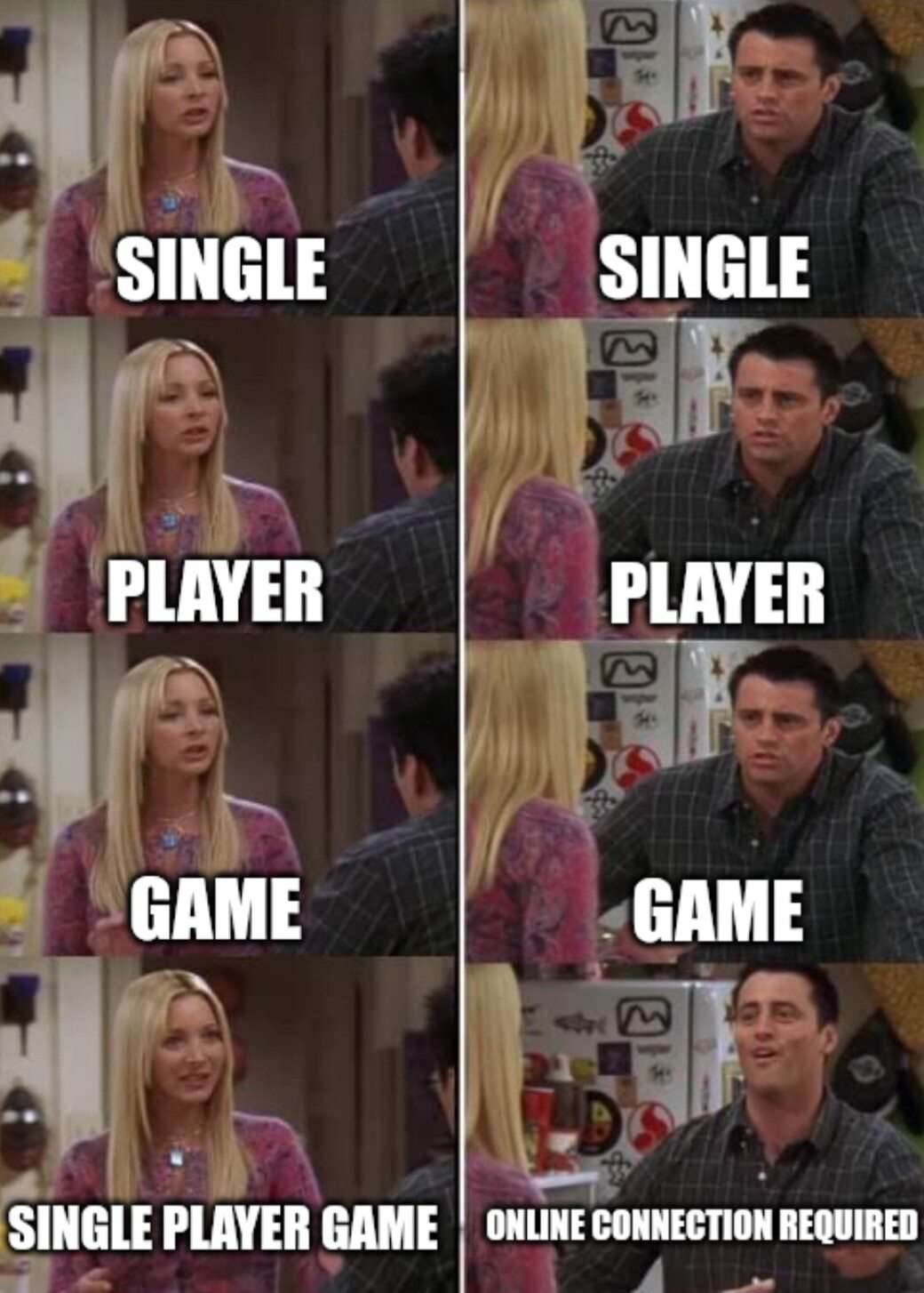 Friends Phoebe and Joey meme react to single player game requiring online connection