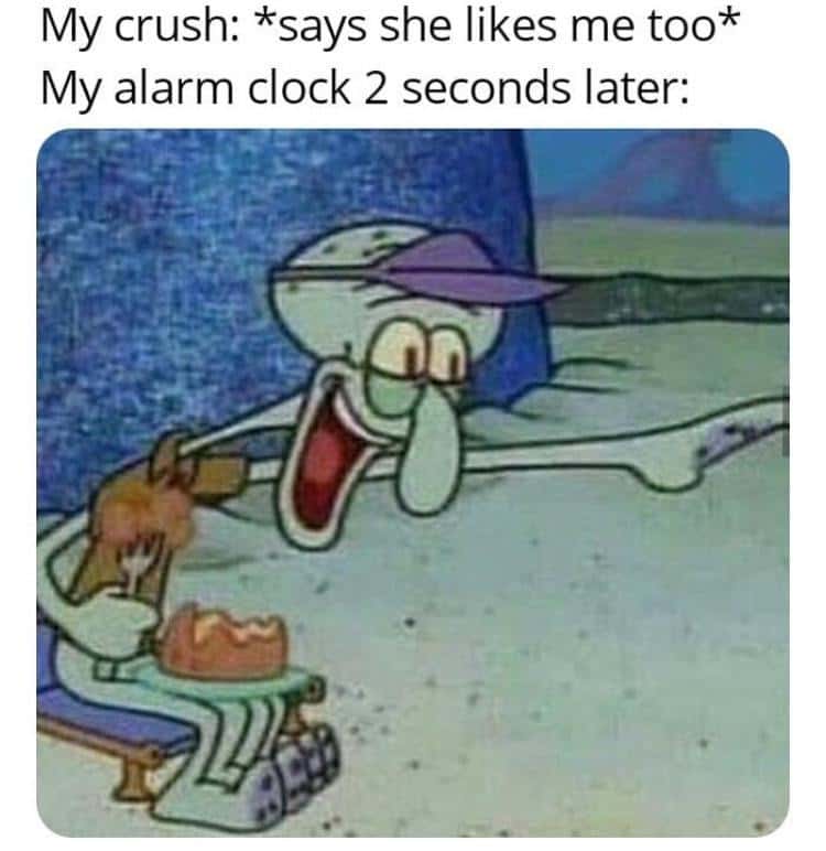 Squidward point and laugh meme waking up from a good dream