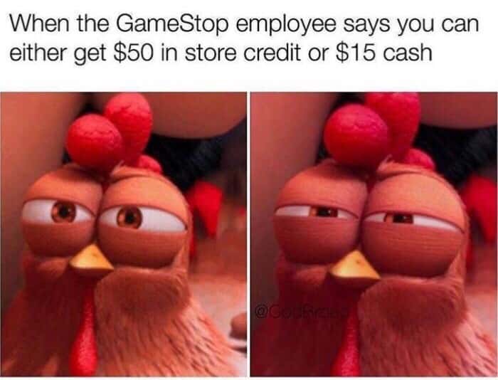 Squinting chicken meme reacting to bad store credit offers