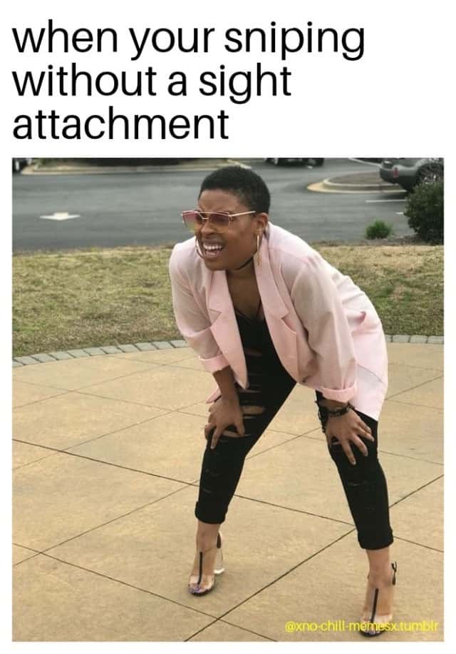 Squinting lady meme reacting to hard no-scope sniping