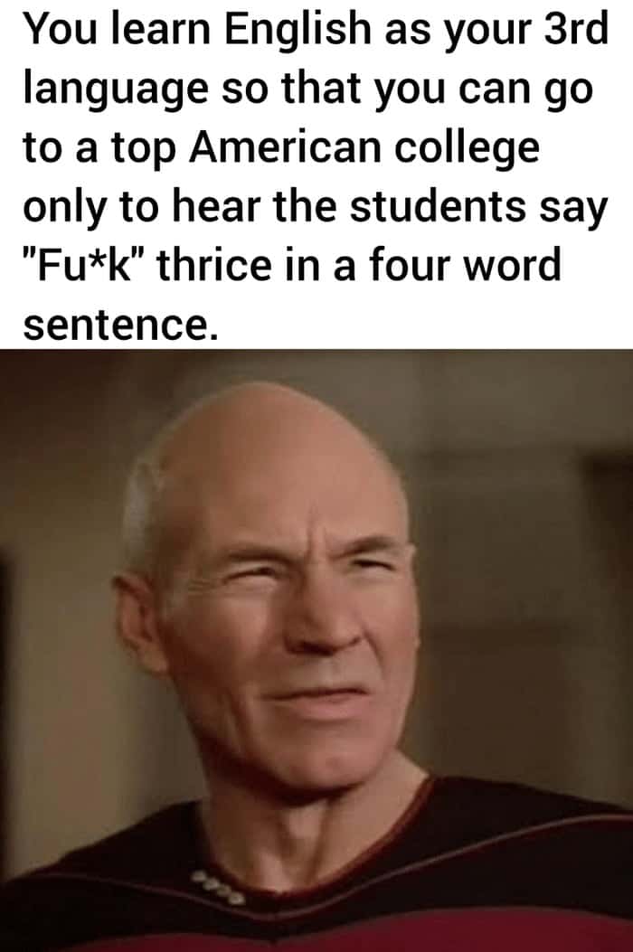 Squinty picard meme judging casual college speech