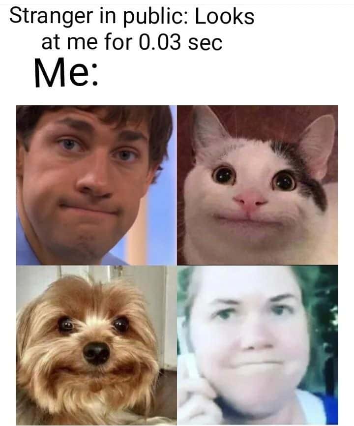Weird smile meme at stranger glance
