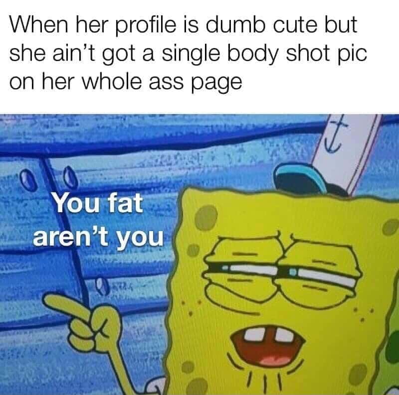 Suspicious spongebob meme judging profile with no full body photos