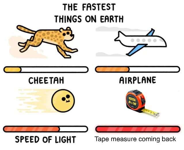 Tape measure meme retracting faster than cheetah airplane speed of light