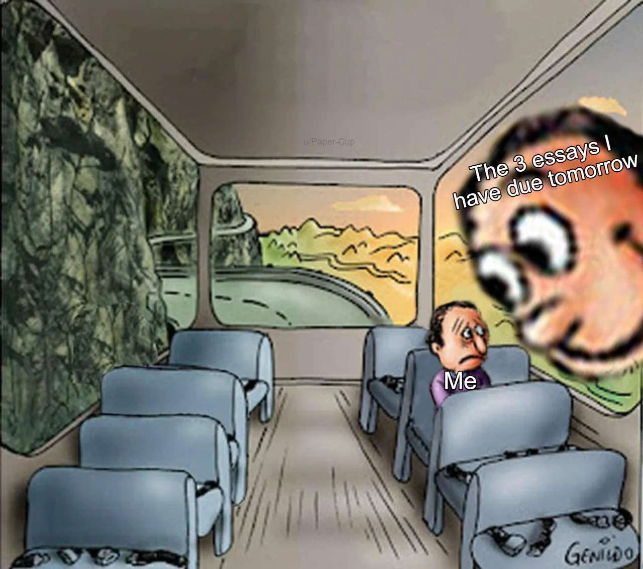 Anxious student meme chased by 3 essays due tomorrow on empty train