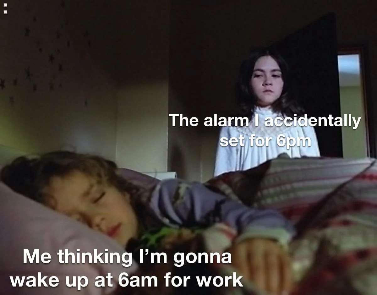 Sleeping worker meme stared at by accidentally set 6pm alarm when thinking waking up at 6am for work
