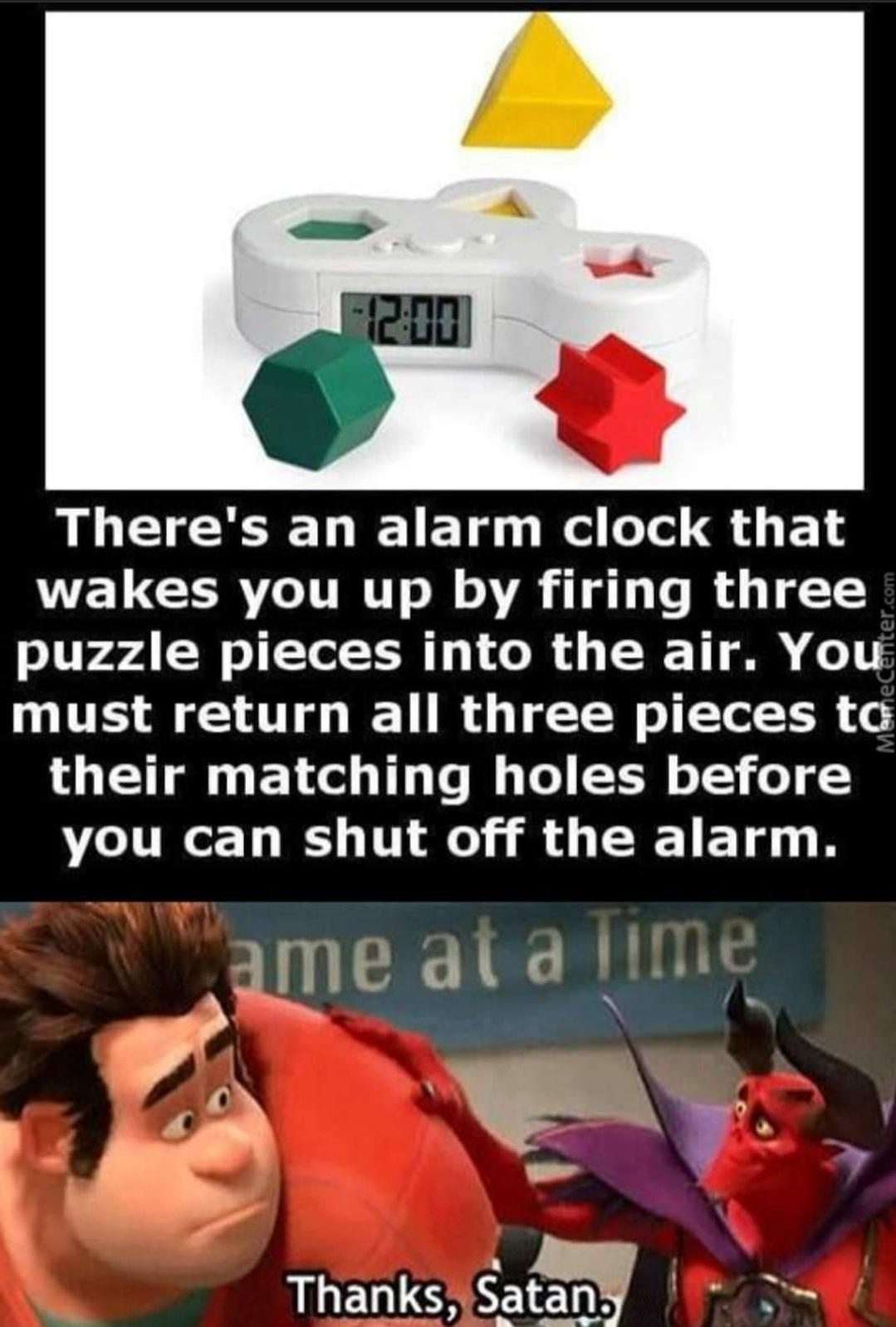 Puzzle alarm clock meme forces you to collect all pieces to turn off, thanks satan