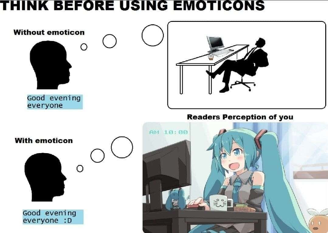 Hatsune miku meme showing how emoticons change others' perception of you