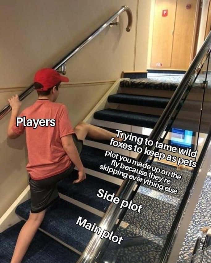 Video game players meme ignoring main plot to tame wild foxes
