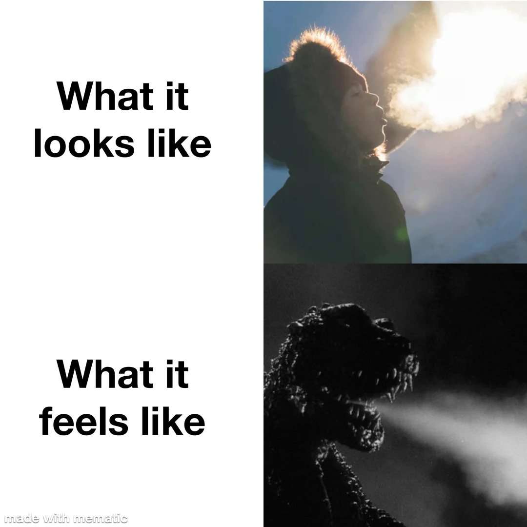 Cold winter breath meme looks normal while feeling like godzilla exhaling steam