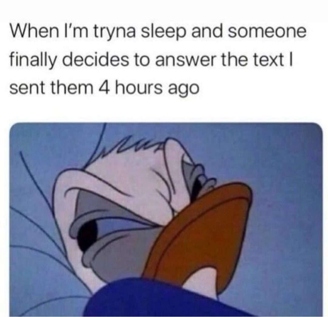 Donald duck meme annoyed by late text reply when trying to sleep