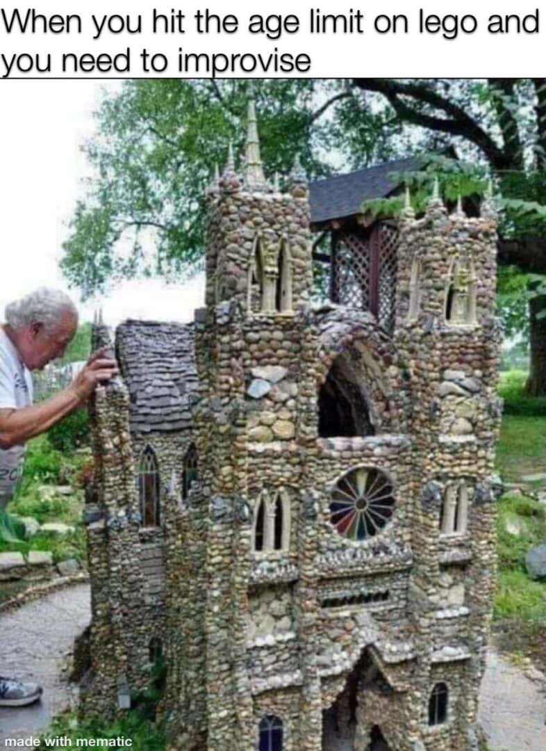 Old man meme builds detailed stone castle when he hits lego age limit and improvises
