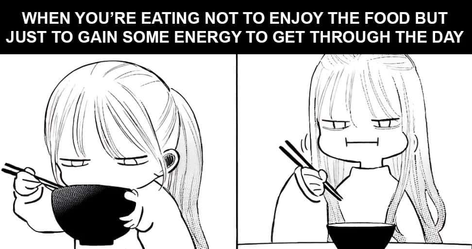 Tired girl meme eating to get through day