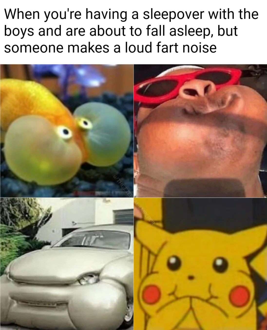 Boys sleepover meme trying not to laugh at loud fart