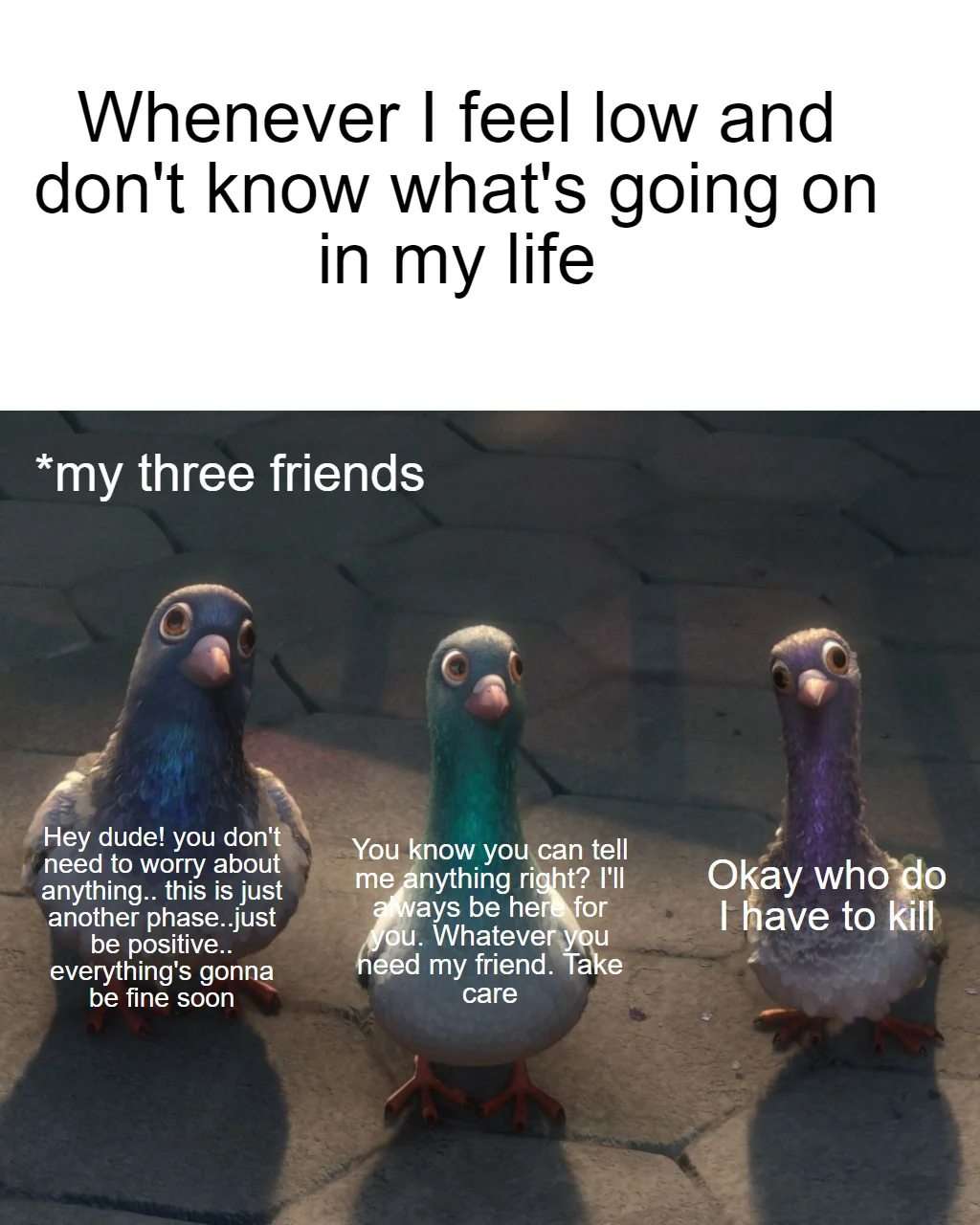Three pigeons meme cheering up sad friend with one offering to kill whoever upset him