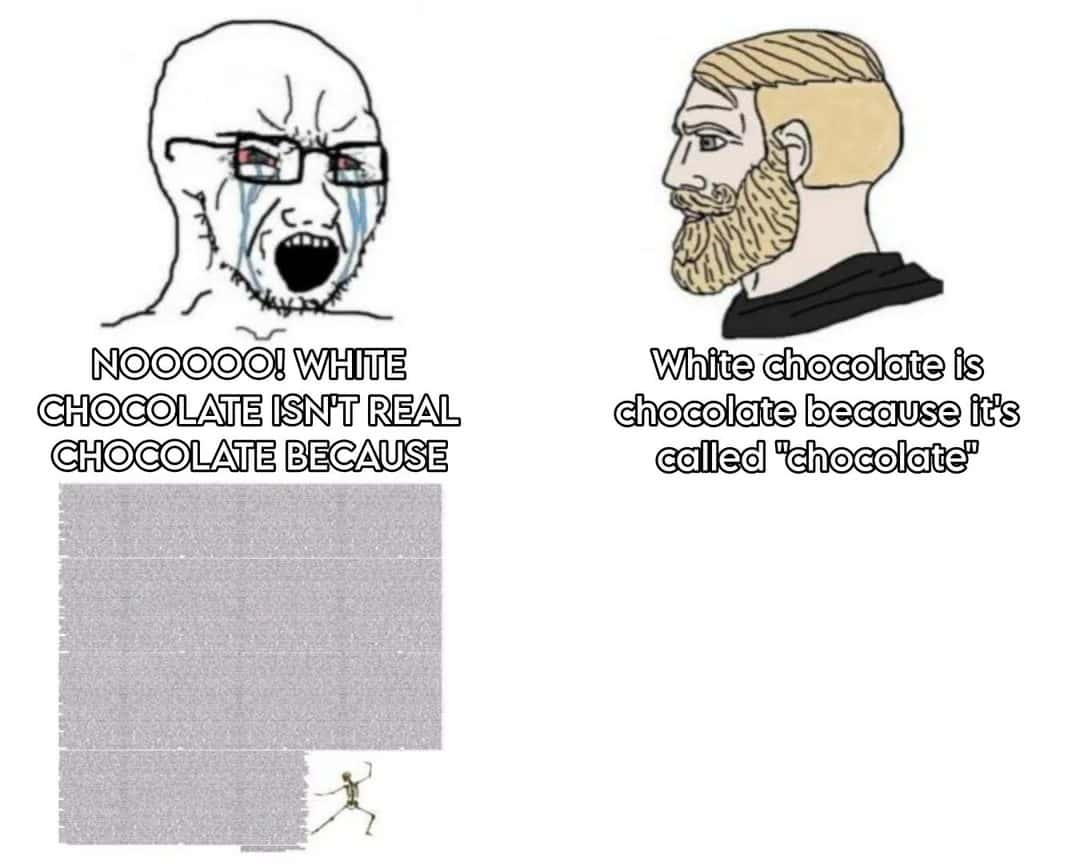 Soyjak and chad meme arguing over whether white chocolate is real chocolate