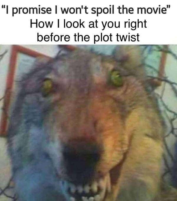 Uncanny grinning cursed wolf meme about to spoil the upcoming movie plot twist